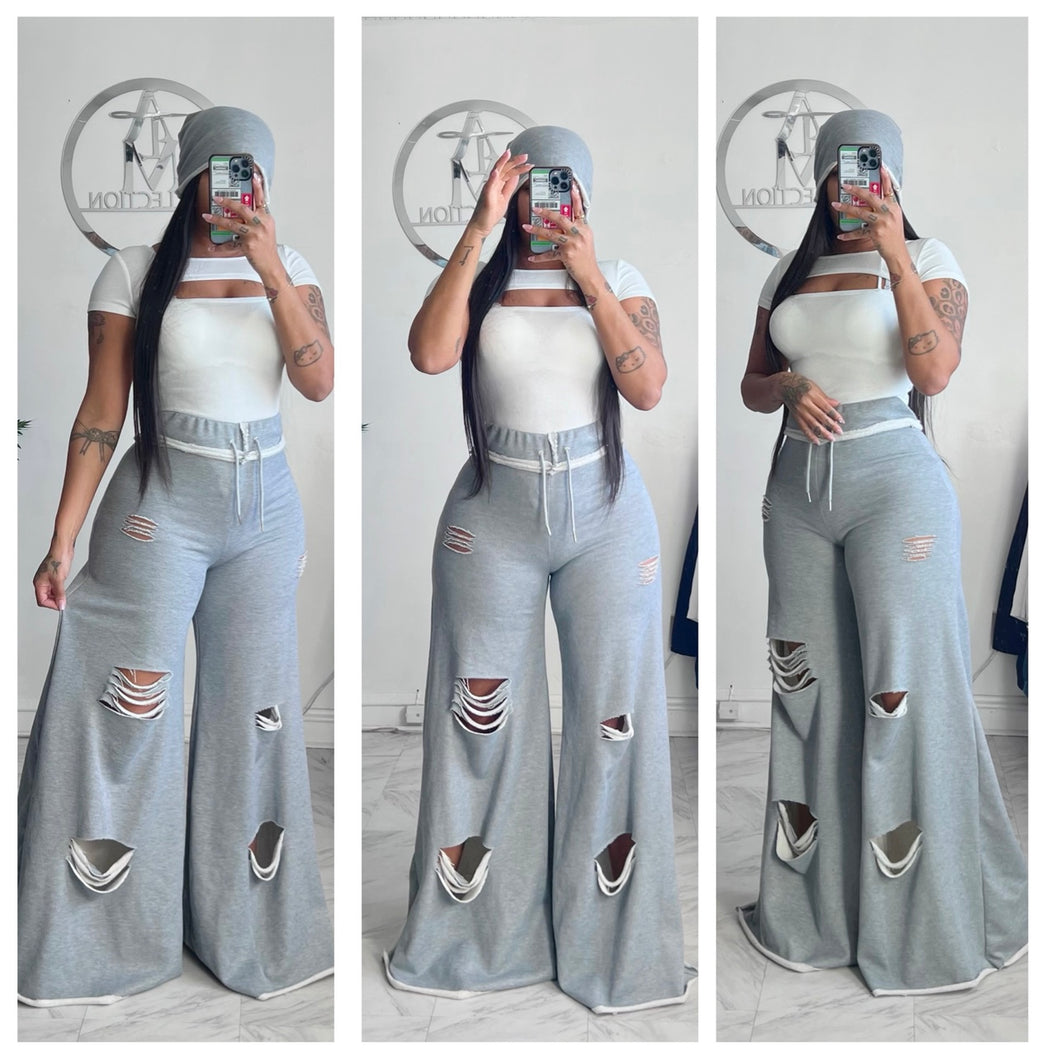 Grey distressed raw edge beanie  and Alli pants