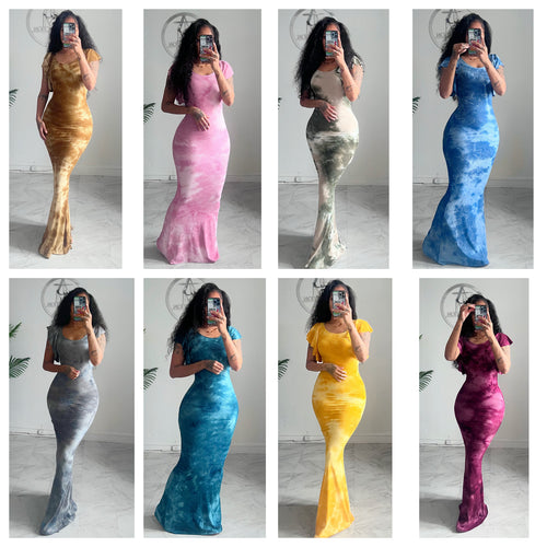 Ribbed knit splash ruffle sleeves maxi dress