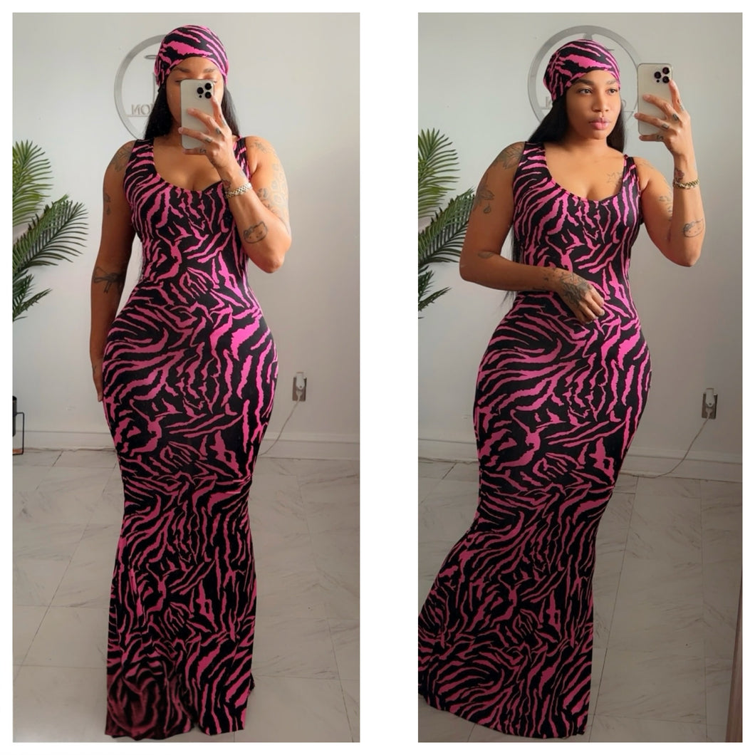 Pink/black zebra mermaid dress and head scarf •made to order