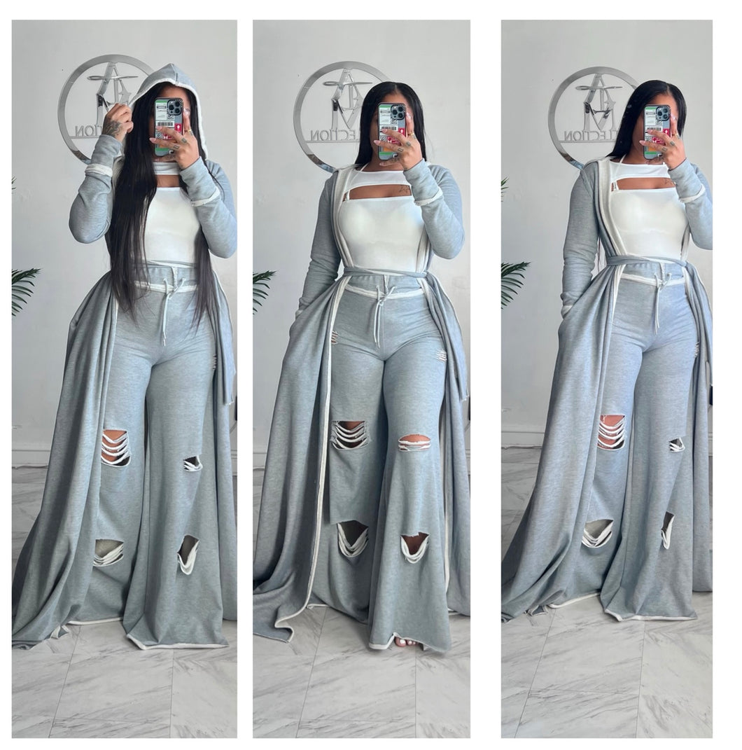 Grey distressed raw edge Duster, beanie  and Alli pants