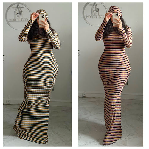 Ryleigh Striped maxi dress with beanie• made to order