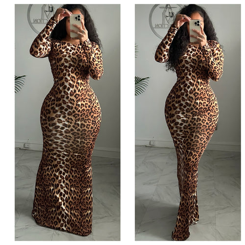 Brown leopard long sleeve mermaid dress•made to order