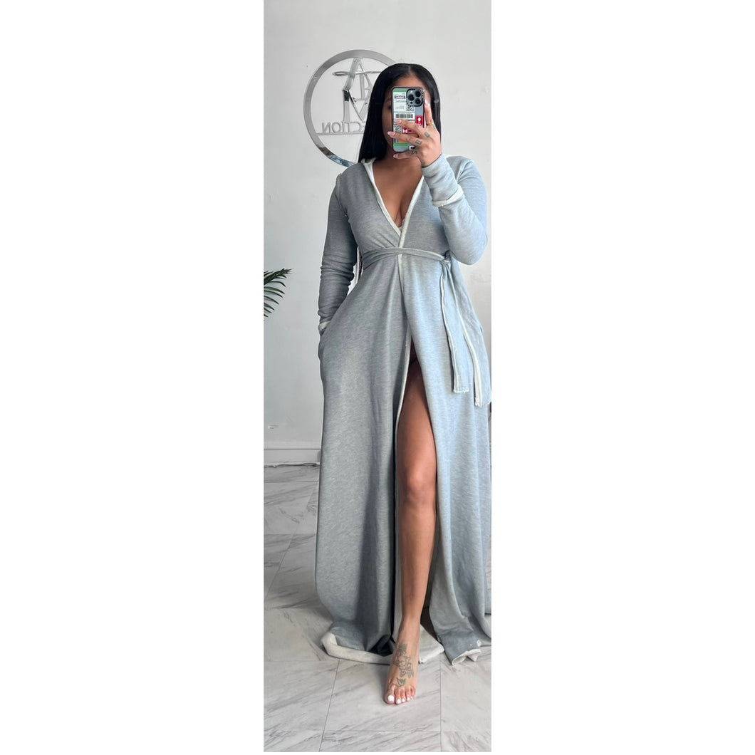 Grey distressed raw edge hooded duster and beanie