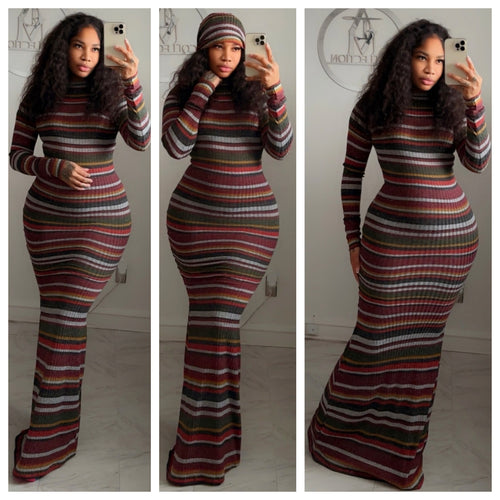 Junie Striped maxi dress with beanie