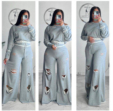 Grey distressed raw edge Top, beanie  and Alli pants