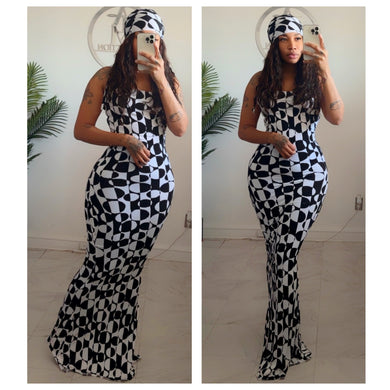 Salt and pepper halter mermaid dress & HB  •made to order l