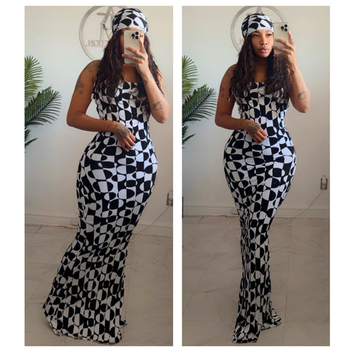 Salt and pepper halter mermaid dress & HB  •made to order l