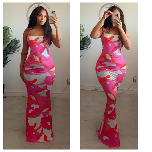 Pink/orange color halter dress• made to order