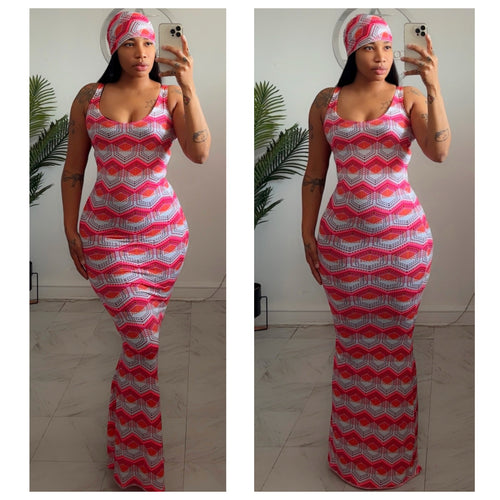Pink geo print mermaid dress  •made to order