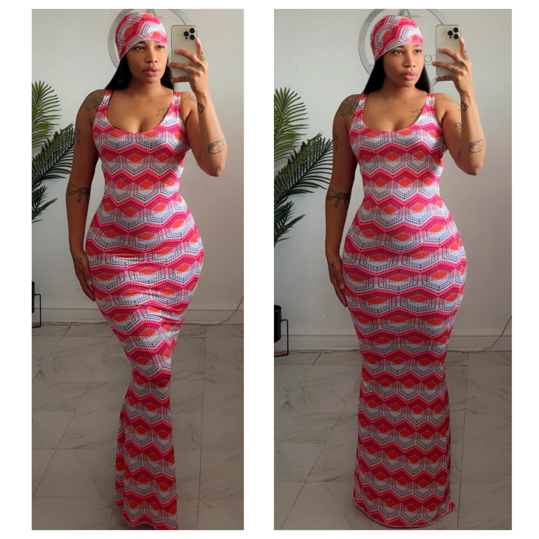 Pink geo print mermaid dress  •made to order