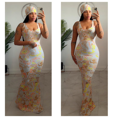 Peach print mermaid dress  •made to order