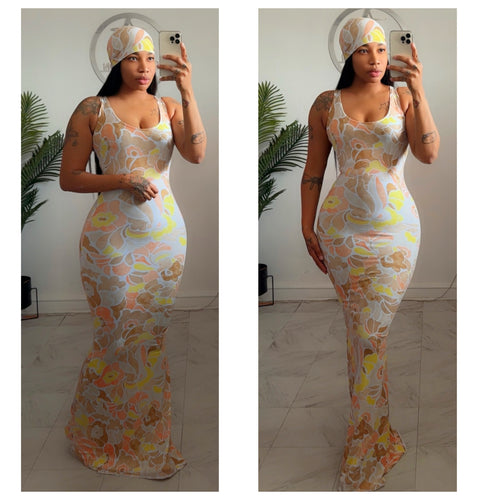 Peach print mermaid dress  •made to order