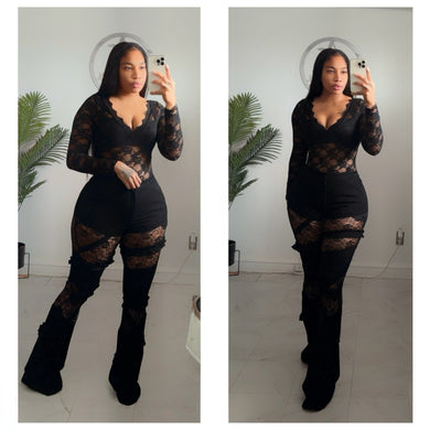 Black lace denim bell bottoms