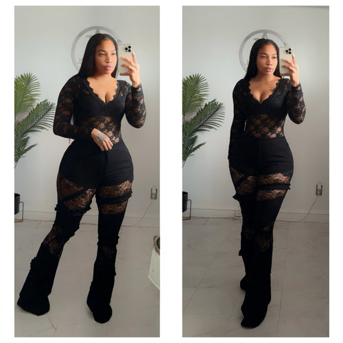 Black lace denim bell bottoms