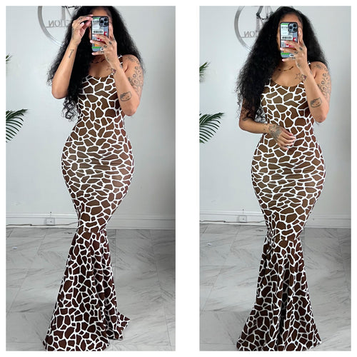 Brown/white giraffe  petal bottom dress