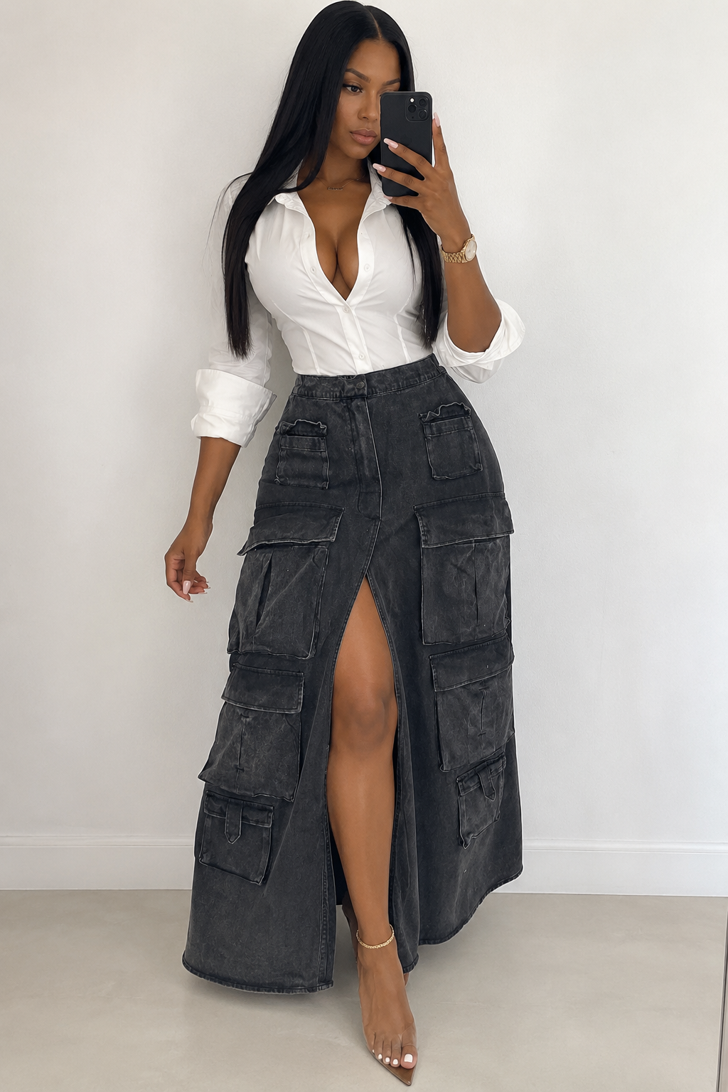 Denim cargo skirt