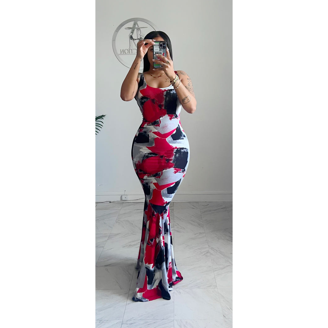 Red abstract petal bottom dress