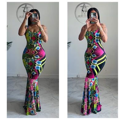 Multi tropical petal bottom dress