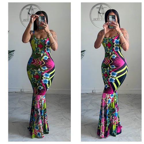 Multi tropical petal bottom dress