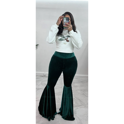 Green velvet petal bottoms pants
