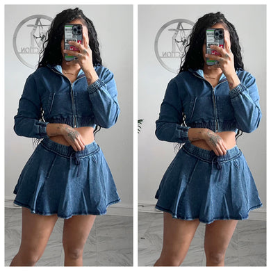 Denim tennis skirt and cropped hoodie set